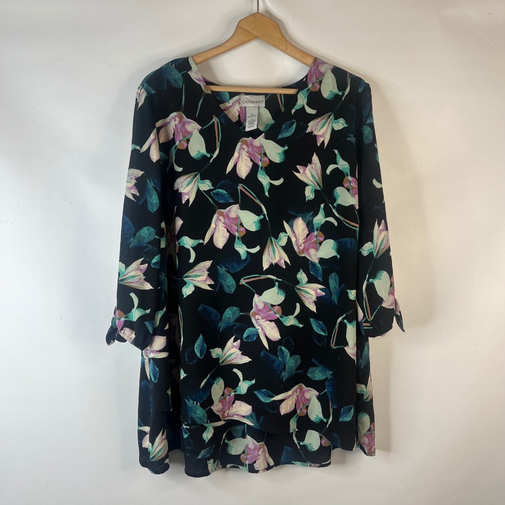 Catherines Blouse Women 2X Black Floral V-Neck 3/4 Sleeve Tunic Top